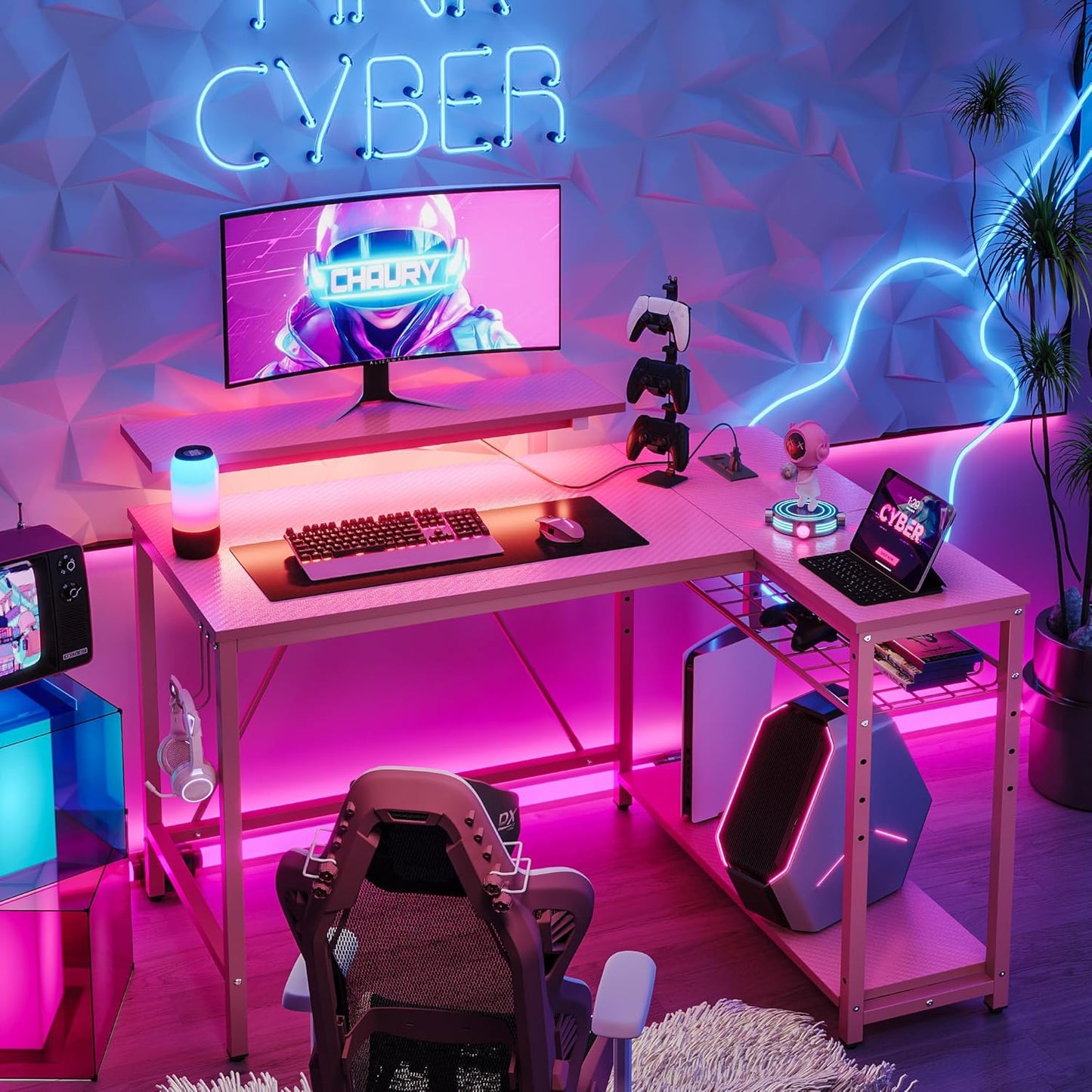 Bestier Pink Computer Desk with Power Outlets and LED Lighting