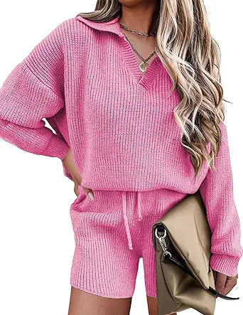 Ekoauer Women's Long Sleeve Knit Top and Short Pajama Set
