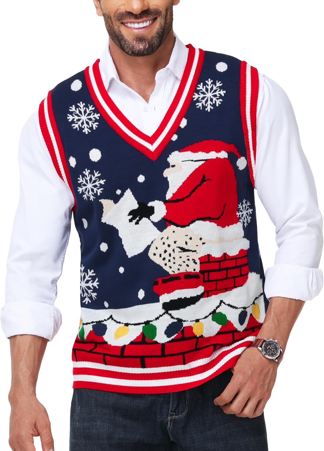 Men Christmas Sweater Vest V Neck Ugly Xmas Holiday Knit Pullover
