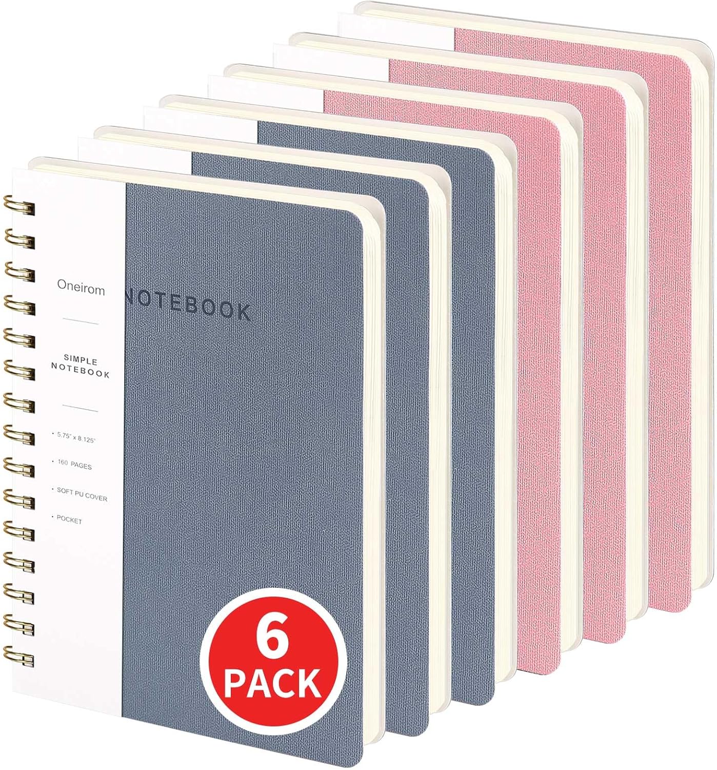 Lined Spiral Notebook for Note Taking - 6 Pack of A5 Journals