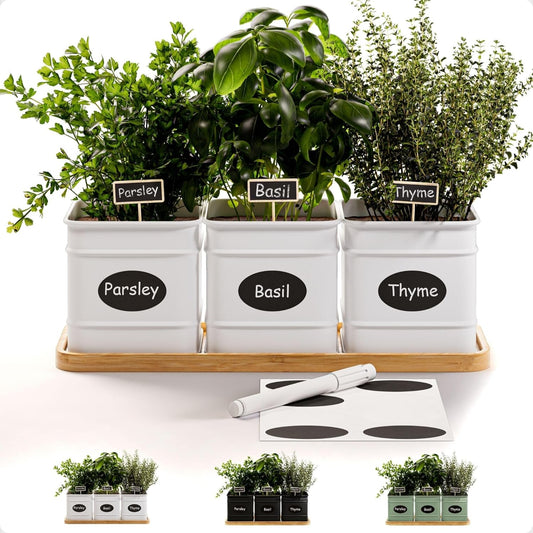 Herb Planter Indoor with 3 Iron Pots and Bamboo Tray for Herbs
