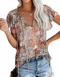SimpleFun Women's Boho Tops Floral V Neck Short Sleeve Blouse