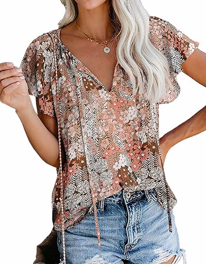 SimpleFun Women's Boho Tops Floral V Neck Short Sleeve Blouse