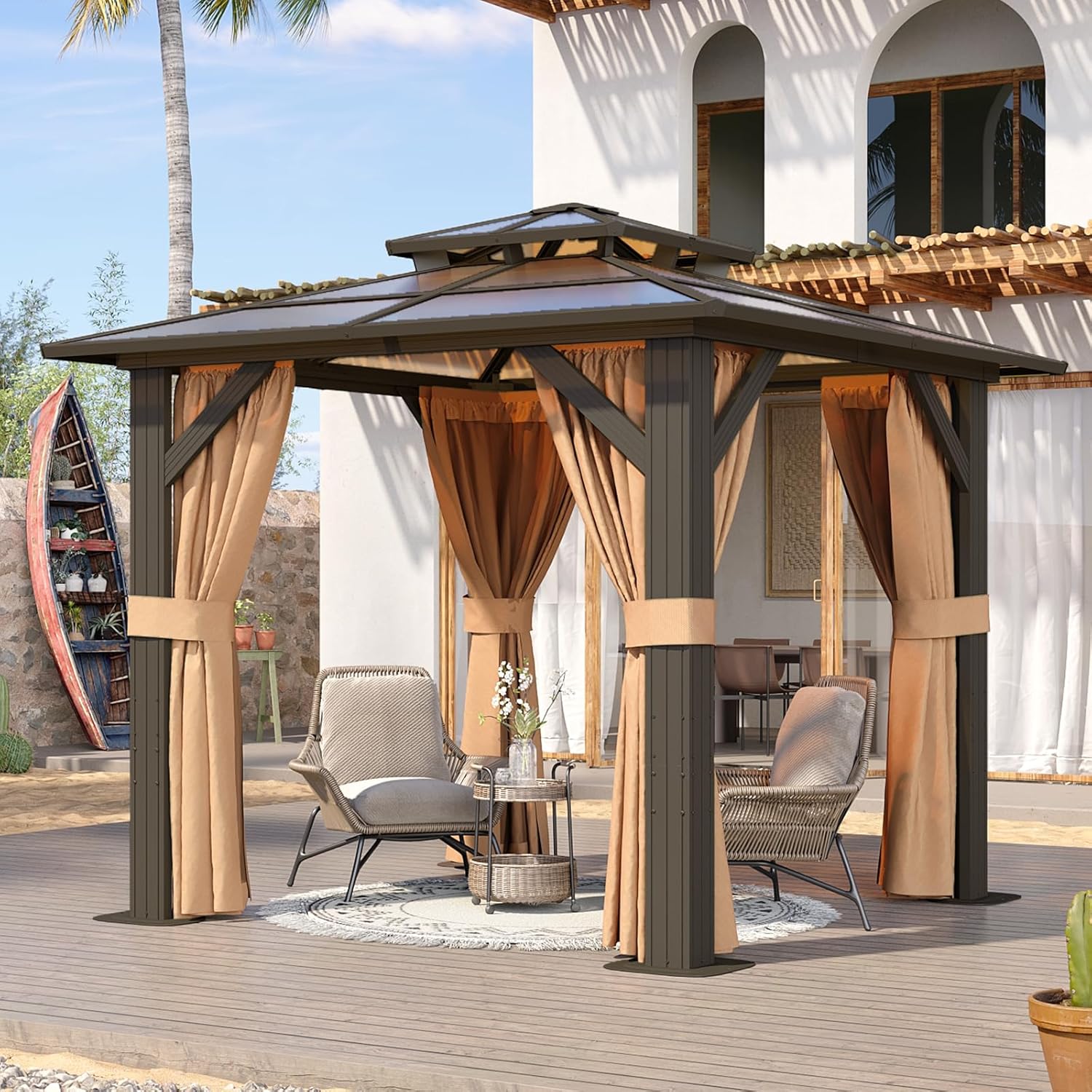 Aoxun 8ftx8ft Hardtop Gazebo with Curtains and Netting for Outdoors