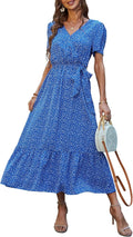 Women's Summer Floral Boho Maxi Dress Wrap V Neck - Flowy Ruffle Fit