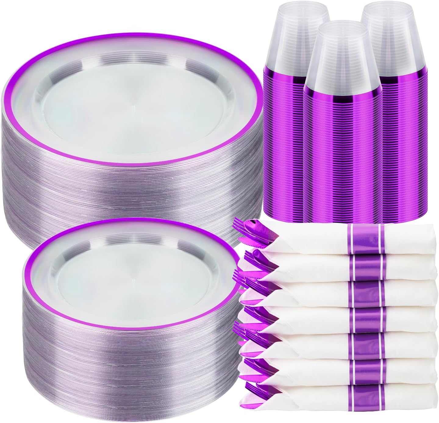 350PCS Clear and Purple Disposable Plates Set for Elegant Events