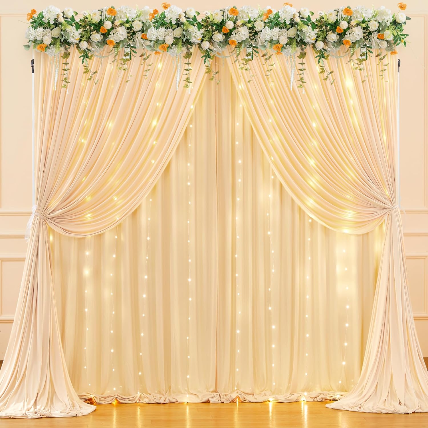 10 x 10ft Champagne Backdrop Curtains with Lights for Events