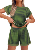 Ekouaer Waffle Knit Lounge Set Women Stripe Pajama Shorts Set - Soft
