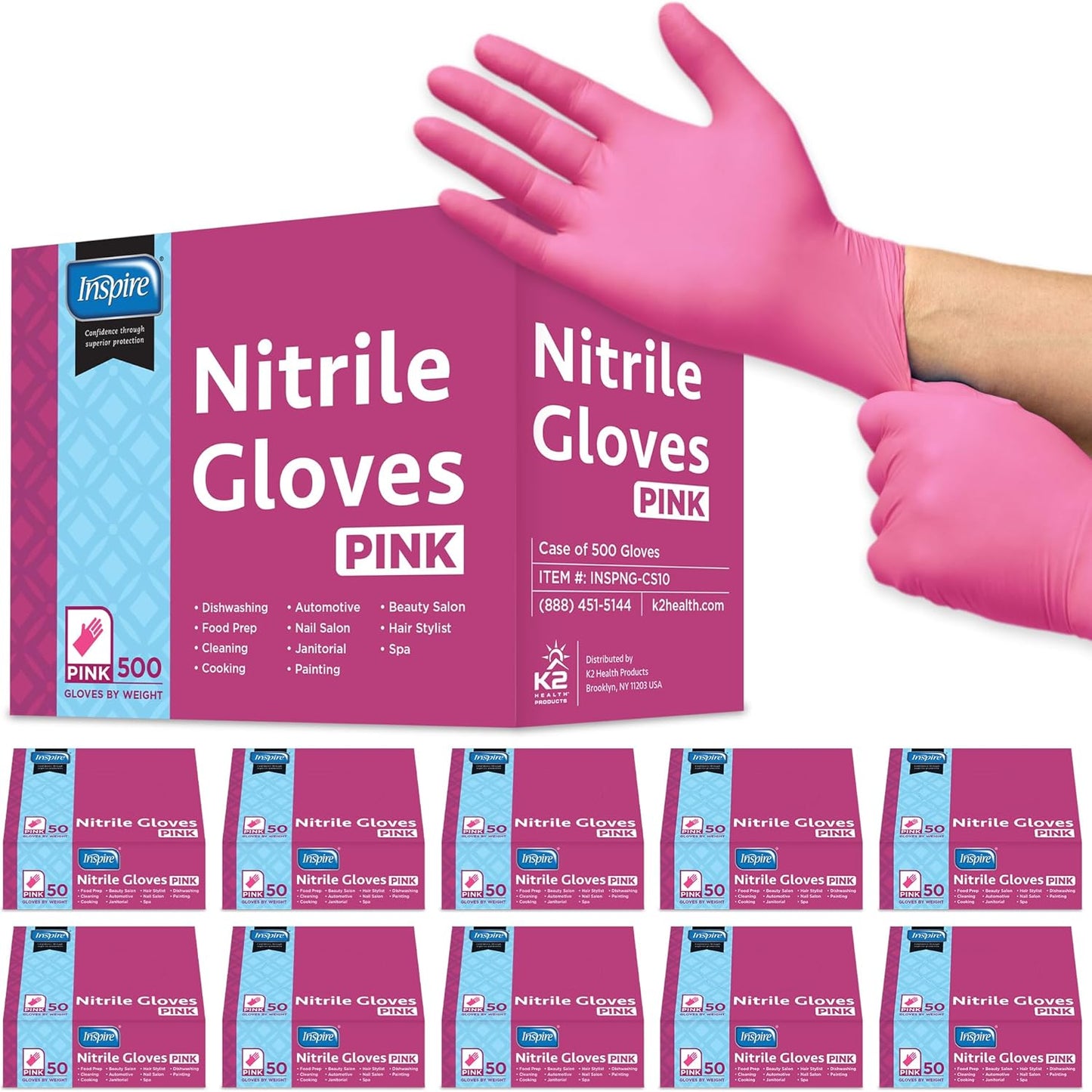 Inspire Pink Gloves Disposable Nitrile for Salon and Home Use