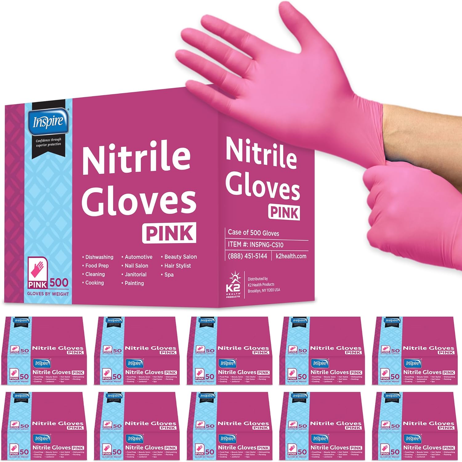 Inspire Pink Gloves Disposable Nitrile for Salon and Home Use