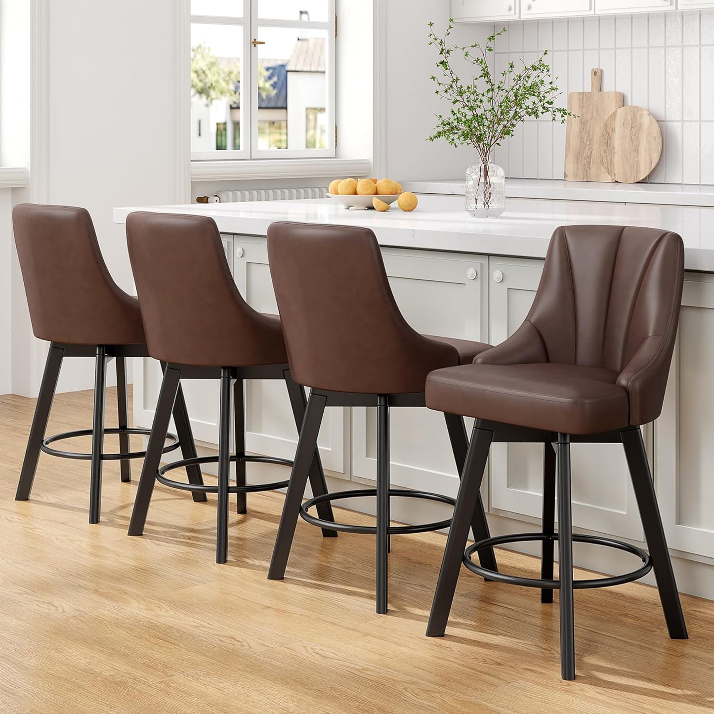 Bar Stools with Backs for Kitchen Island - 4PCS Brown Leather