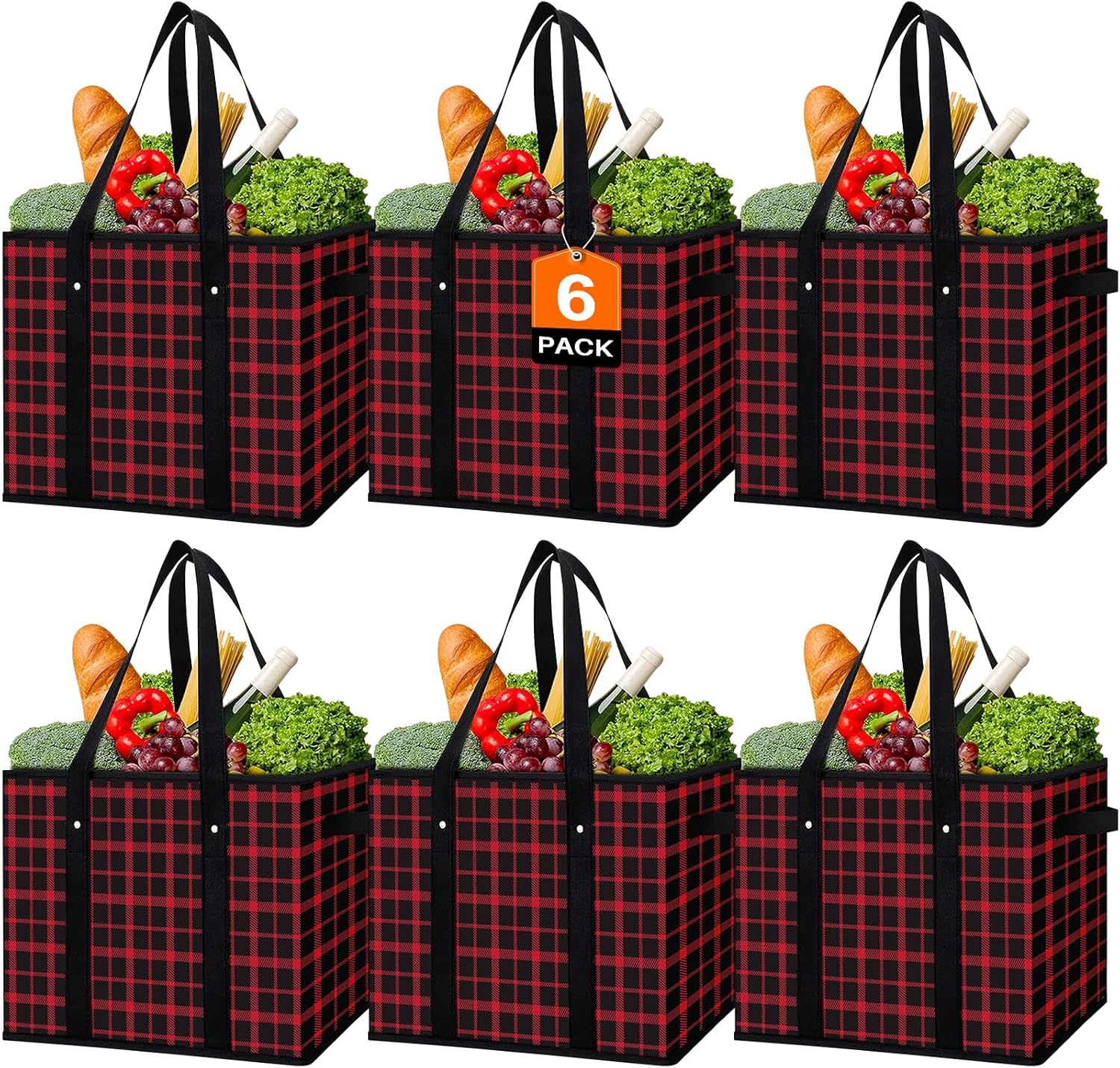 Reusable Grocery Bags 6 Pack - Large Water Resistant Totes