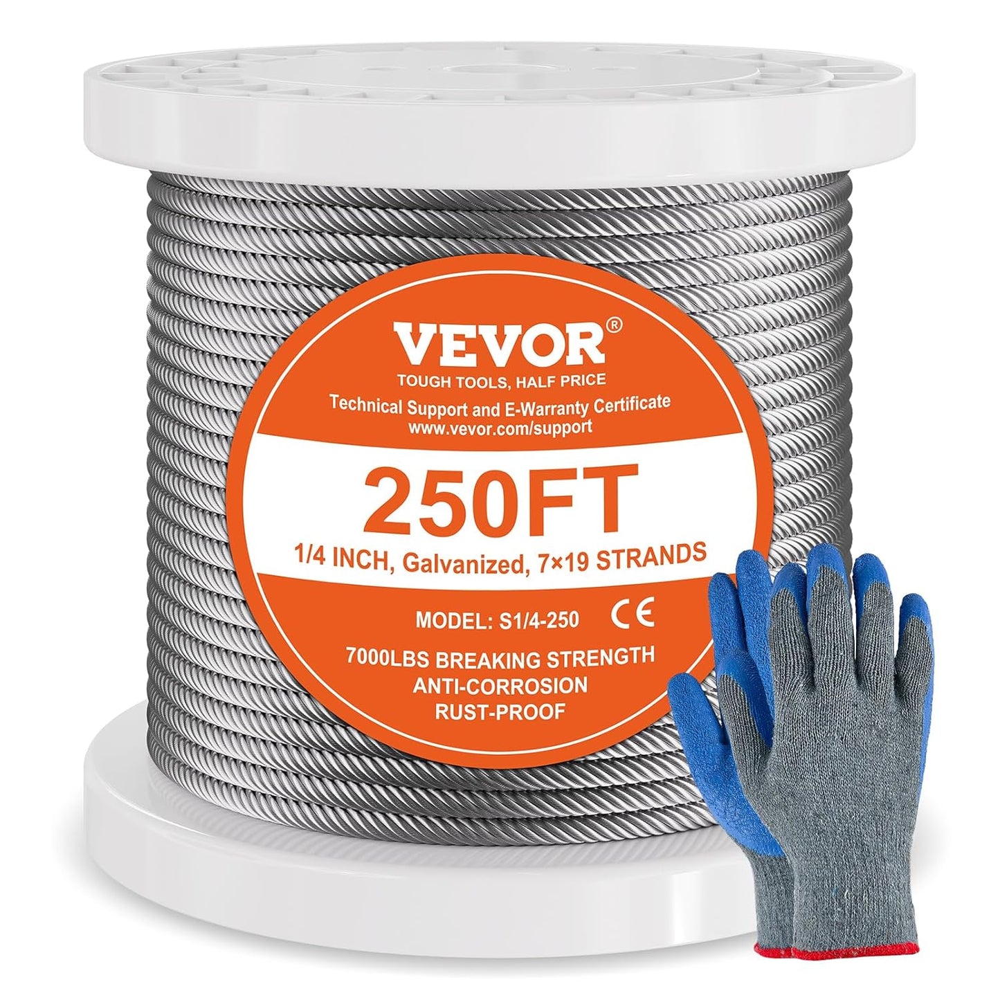VEVOR Wire Rope 1/4in 250 ft Zinc Galvanized Steel Cable