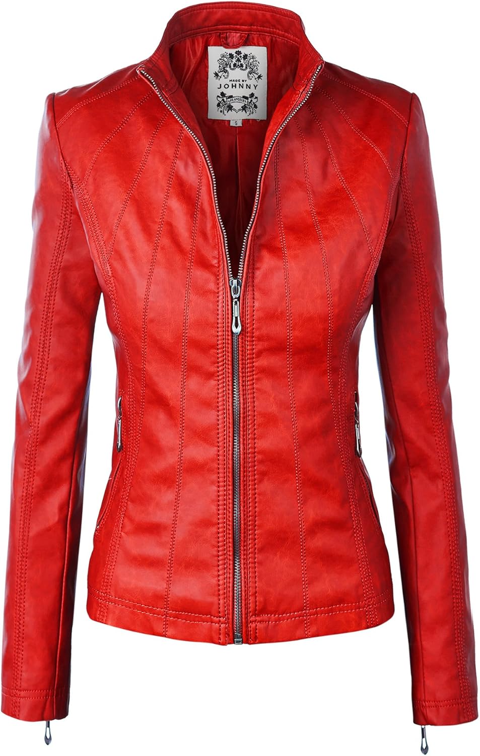 Faux Leather Zip Up Moto Biker Jacket with Stitching Detail