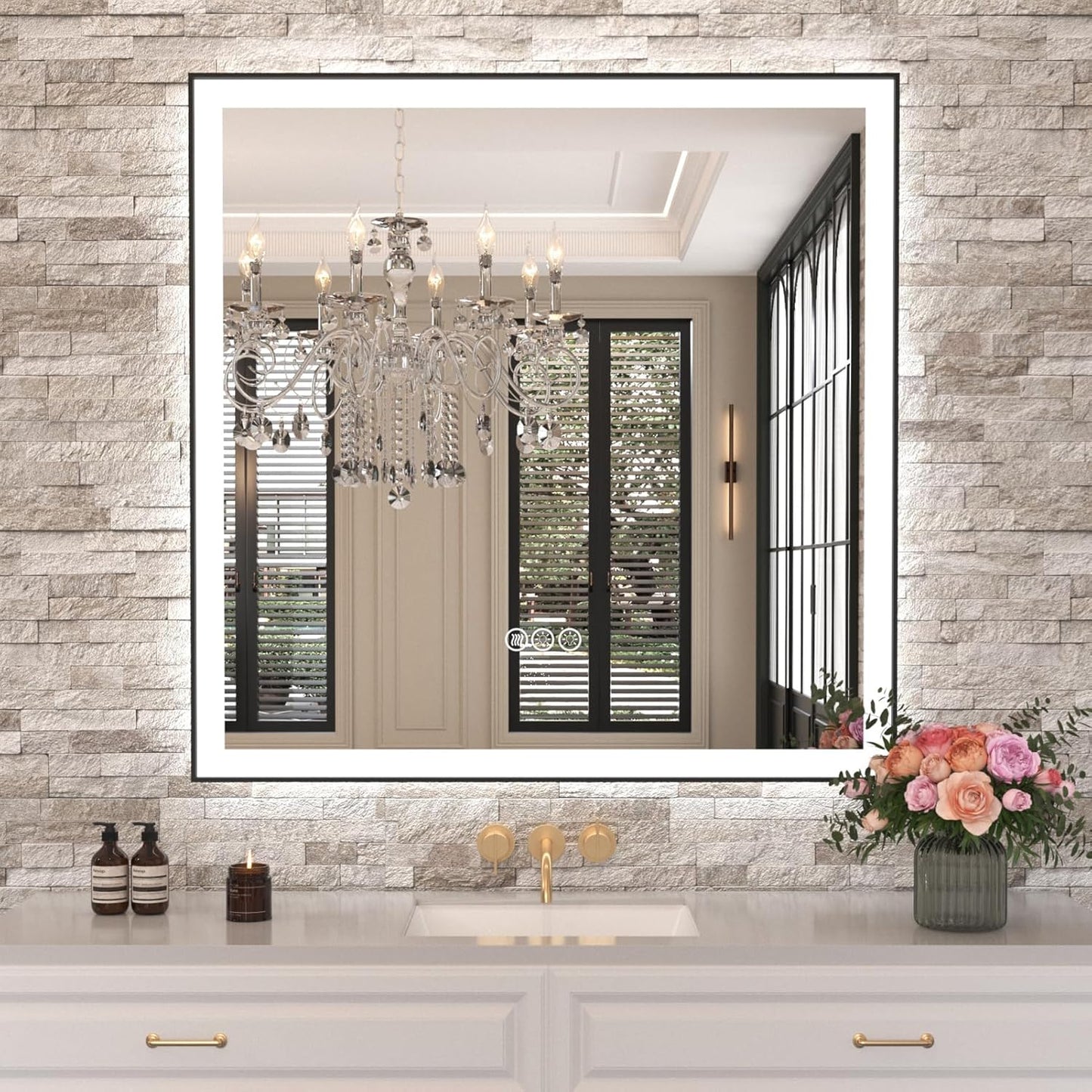 36x36 LED Bathroom Mirror with Black Frame and Anti-Fog Feature