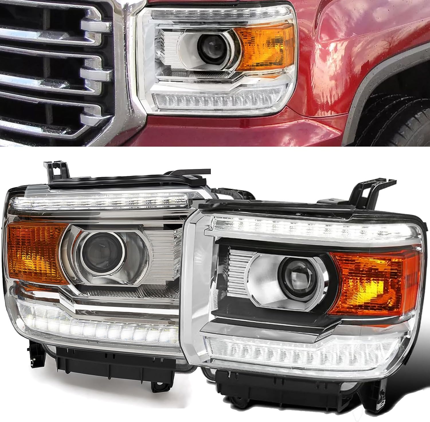 LED DRL Chrome Amber Headlight Assembly for GMC Sierra 1500