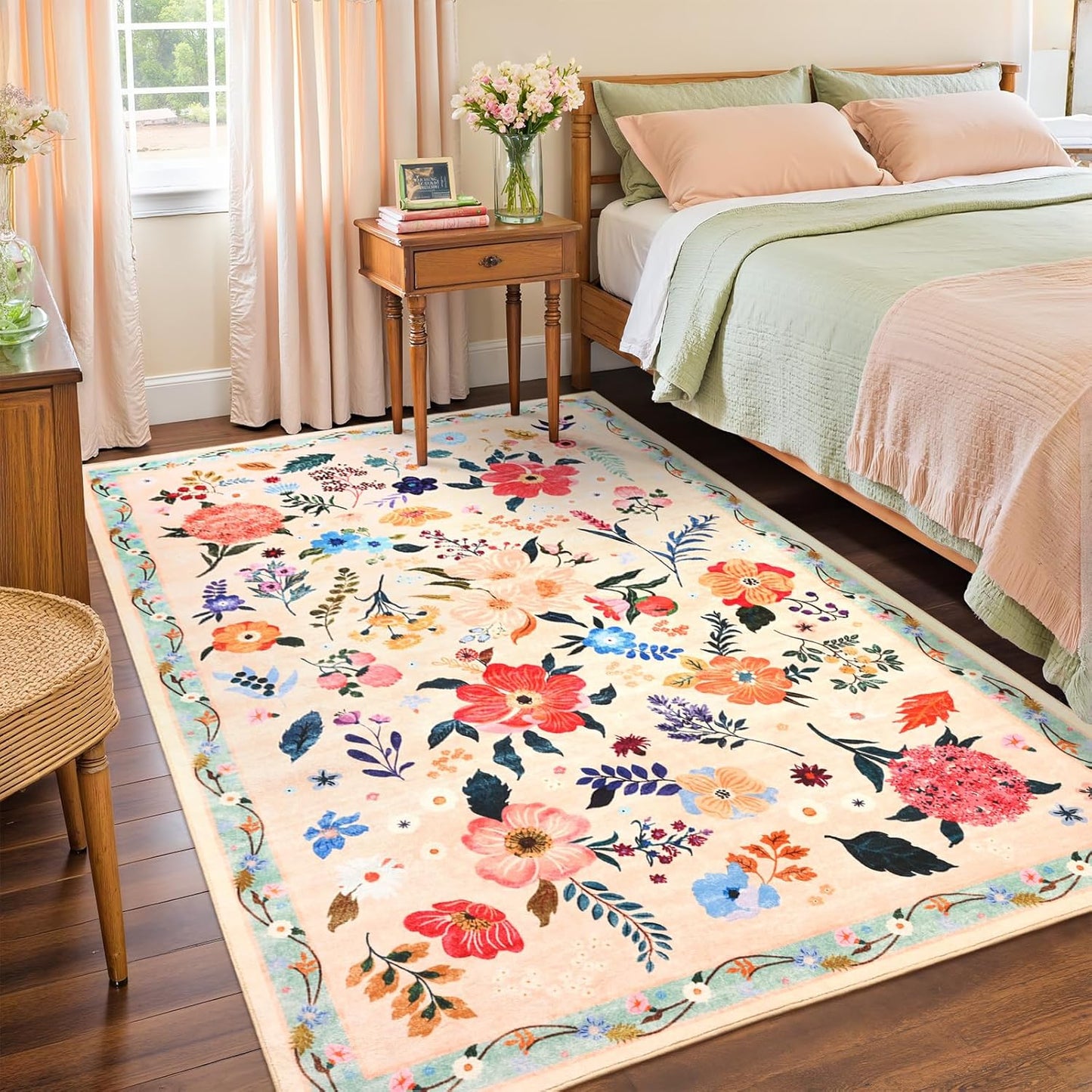 4x6 Floral Rug for Girls Bedroom, Cute Flowers Carpet Decor