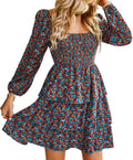 Womens Square Neck Smocked Floral Swiss Dot Mini Dress (Style LW5W)