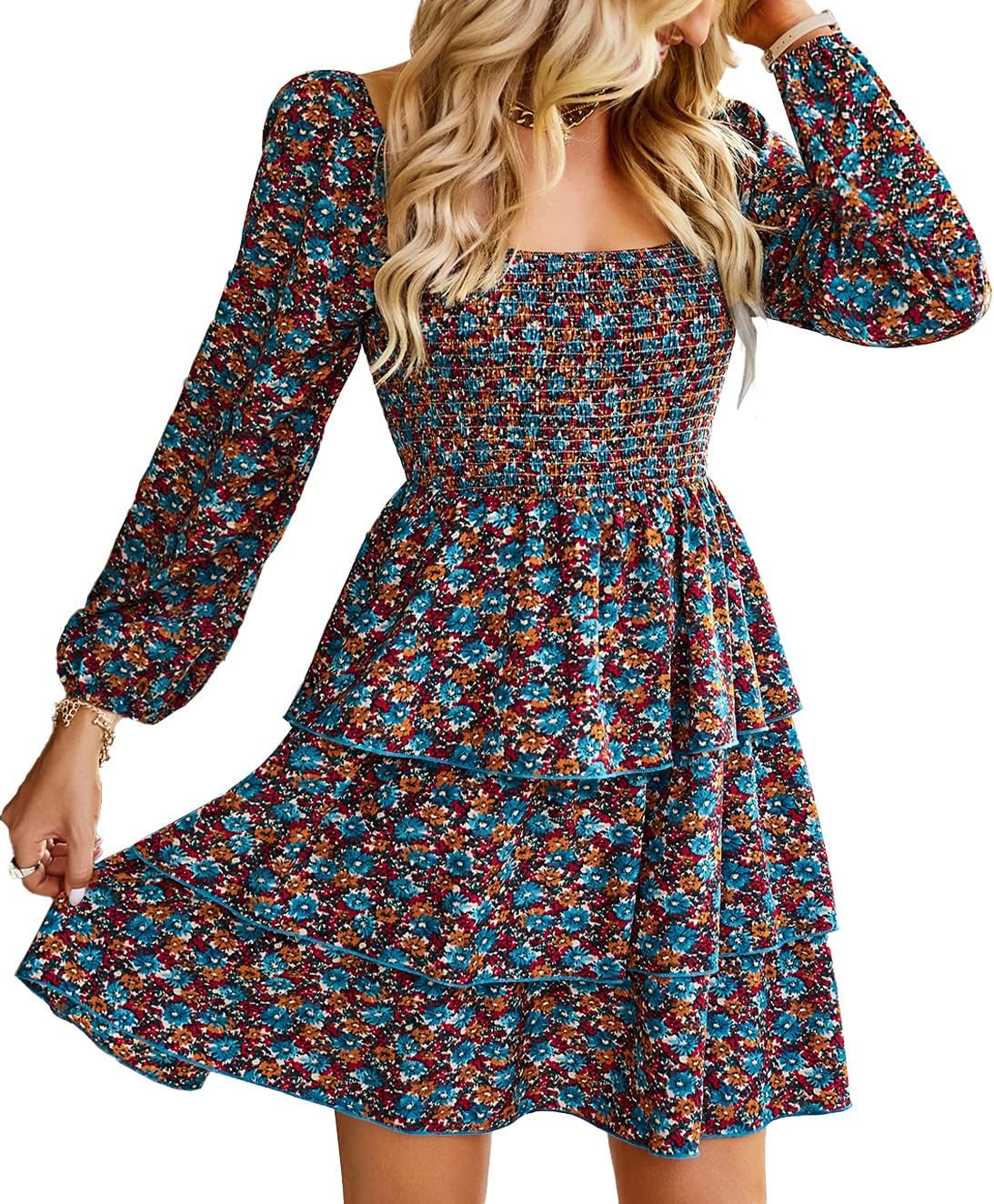 Womens Long Sleeve Dress with Square Neck and Floral Print