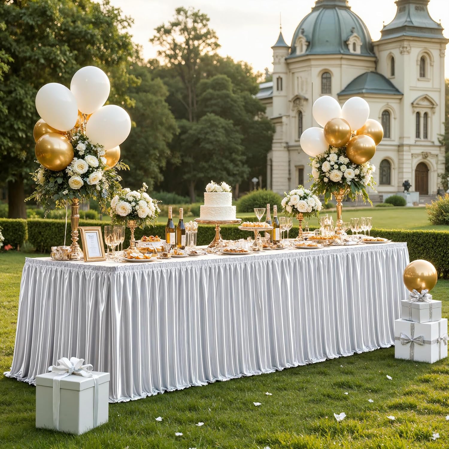 17ft Long Silver Satin Table Skirt for Elegant Party Decor