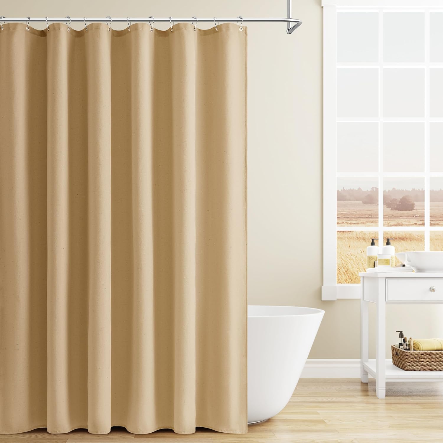 Elegant Gold Yellow Linen Shower Curtain for Boho Farmhouse Decor