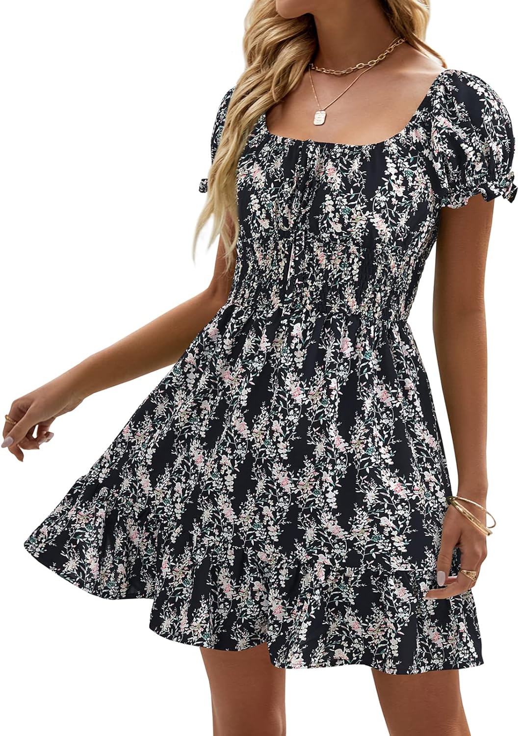 Heysolo Womens Boho Floral Smocked Square Neck Mini Dress
