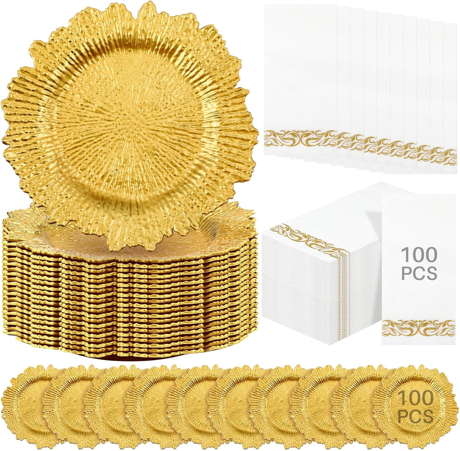 100 Pcs Matte Gold Charger Plates + Napkins Set