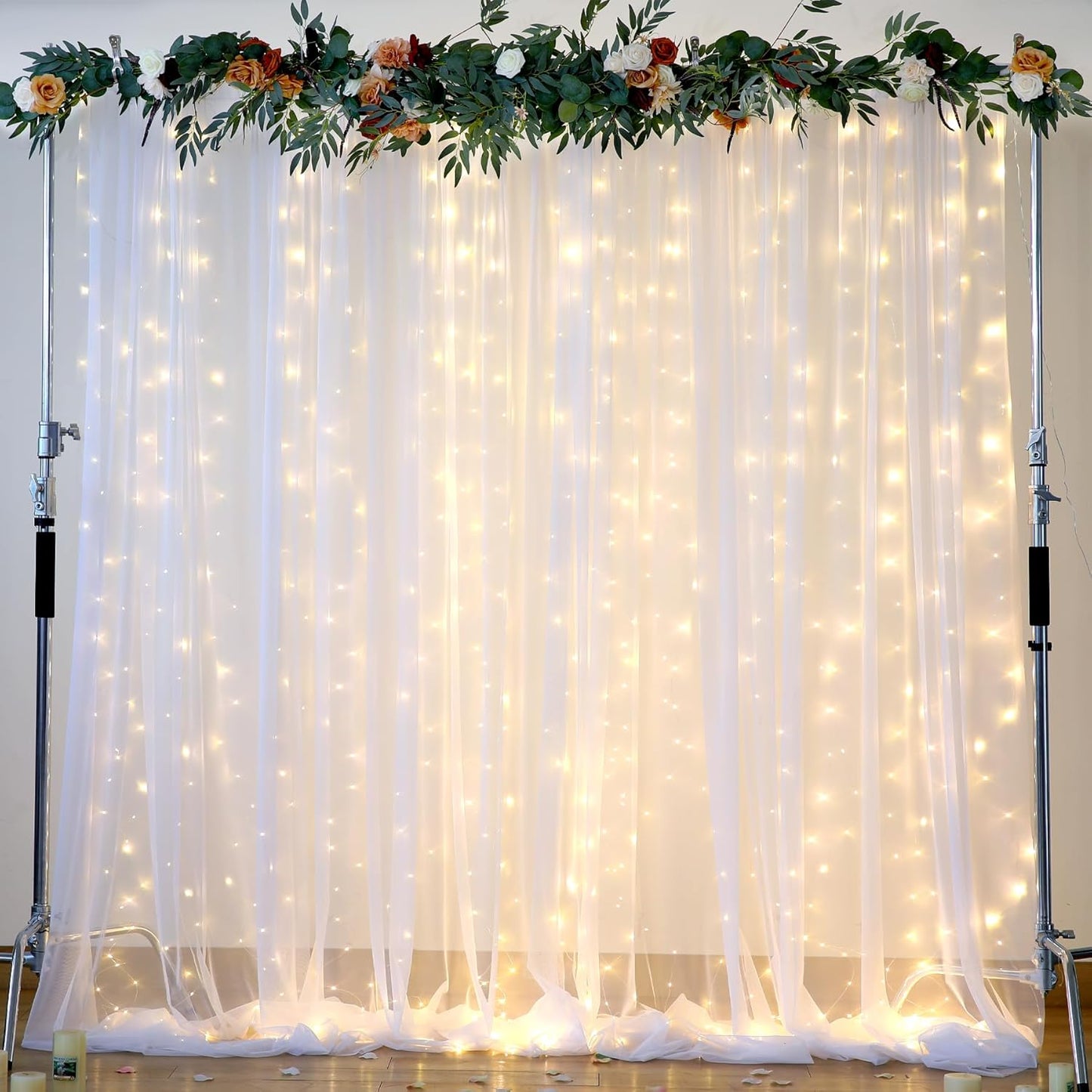 Suppromo White Tulle Backdrop Curtain with Lights for Events