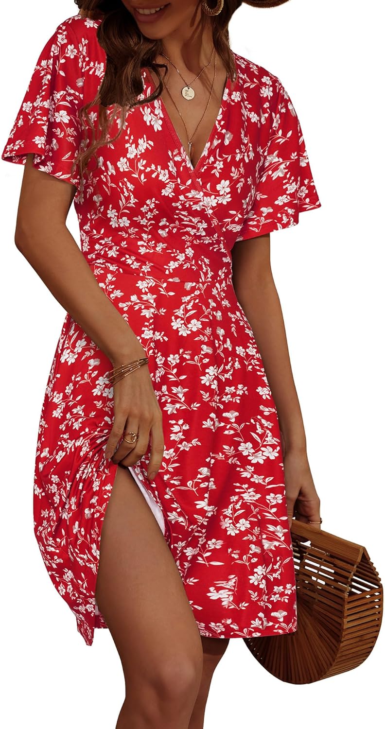 FENSACE Womens Sundress Summer Floral Short Sleeve Wrap Dress