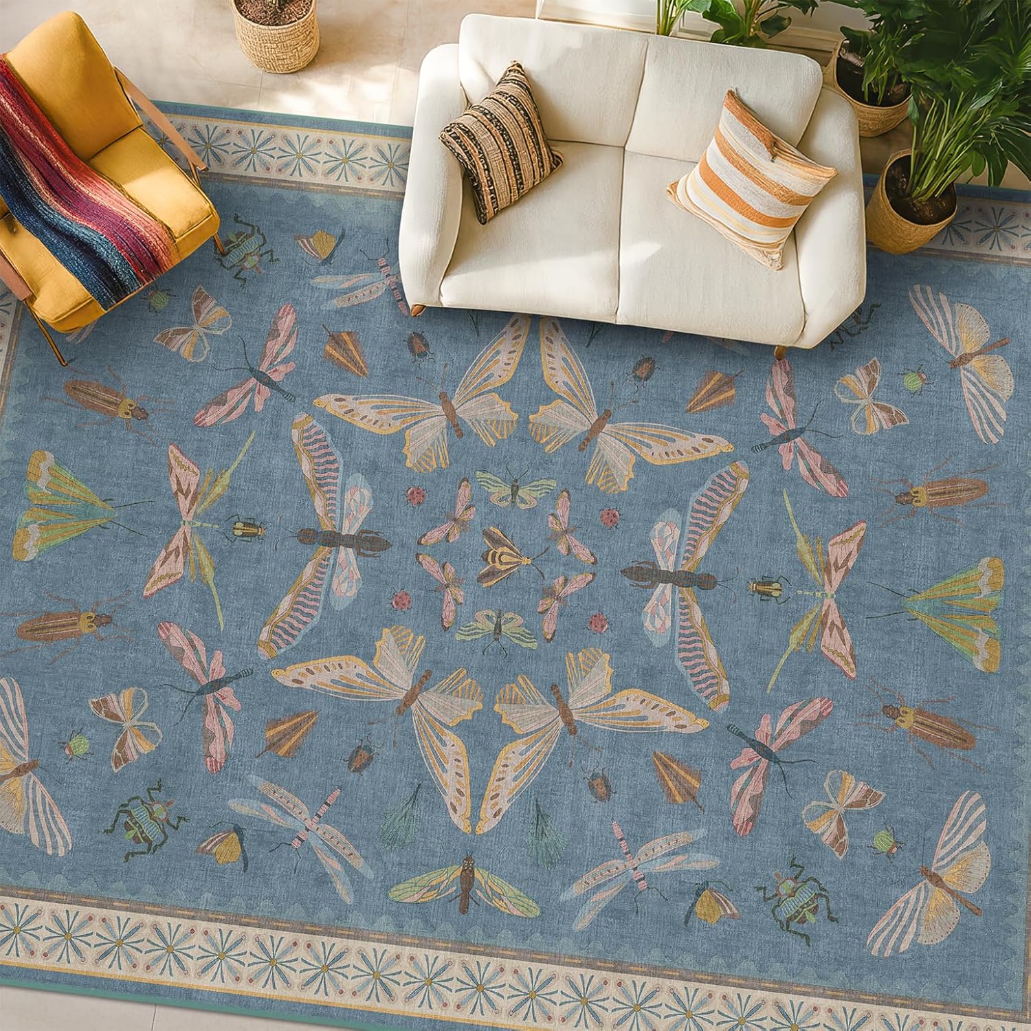 Light Blue Area Rugs for Dining Room - 8x10 Washable Carpet