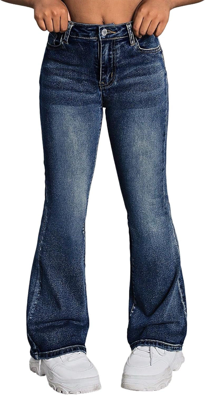 Girls Flare High Elastic Waist Denim Pants for Y2K Style