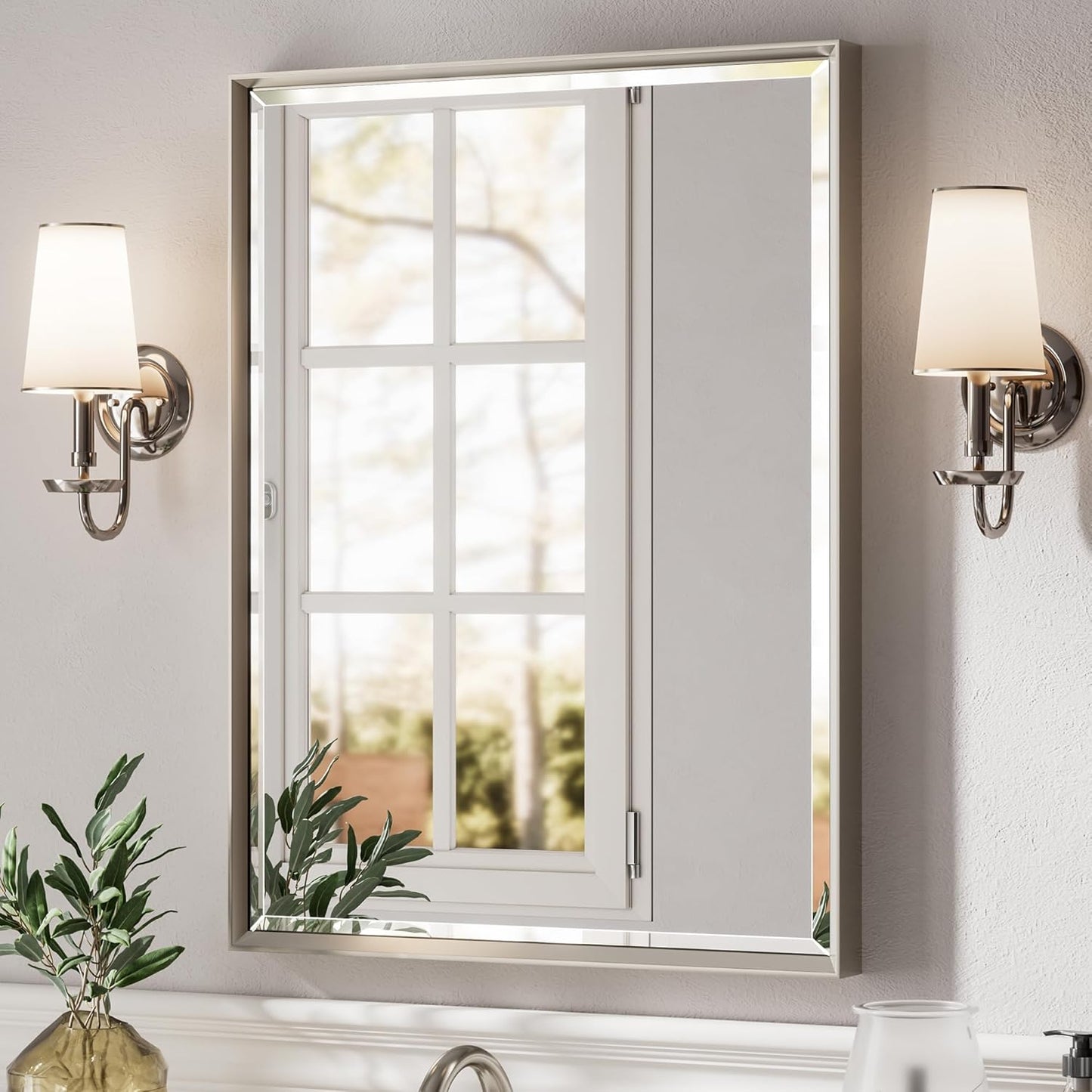 Brushed Nickel Bathroom Mirror with Beveled Design for Elegance