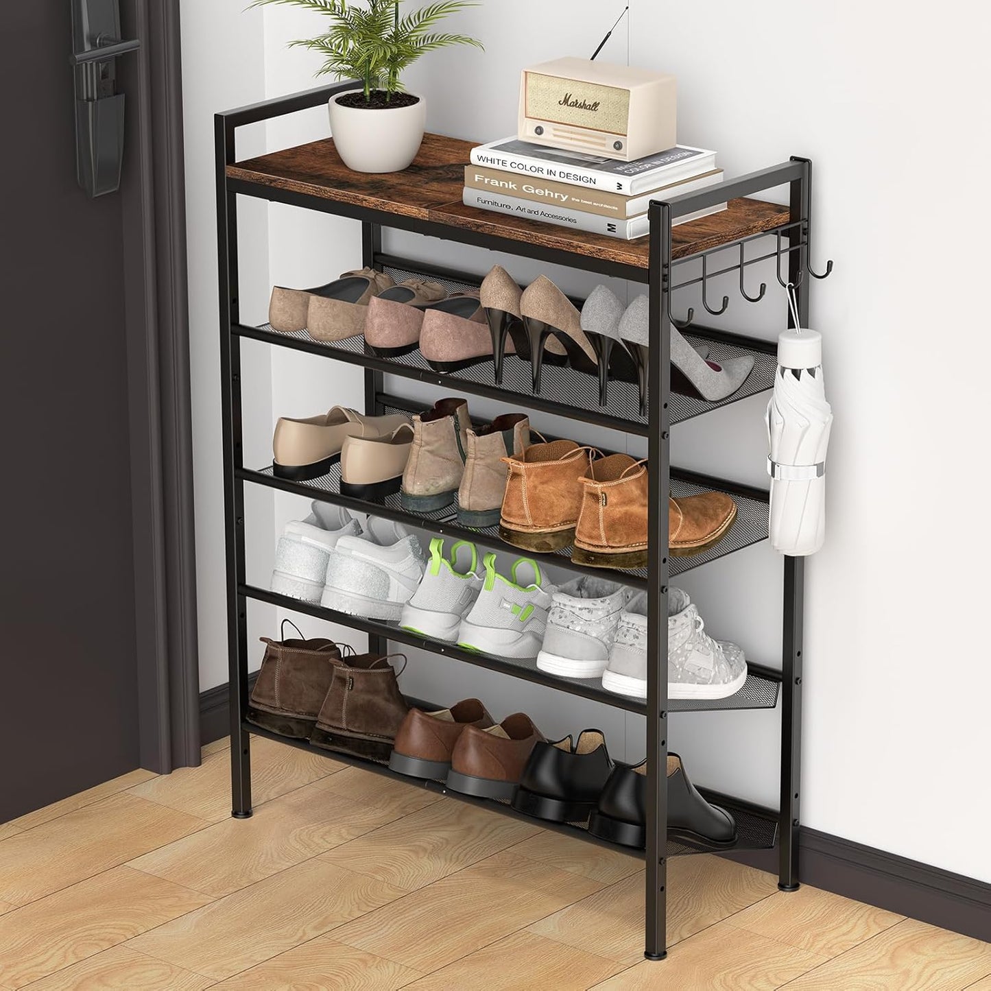 5 Tier Height-Adjustable Metal Shoe Rack for Entryway Storage