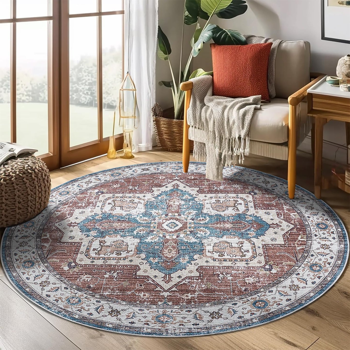 jinchan Round Rug 4ft Area Rug - Vintage Floral Non-Slip Design