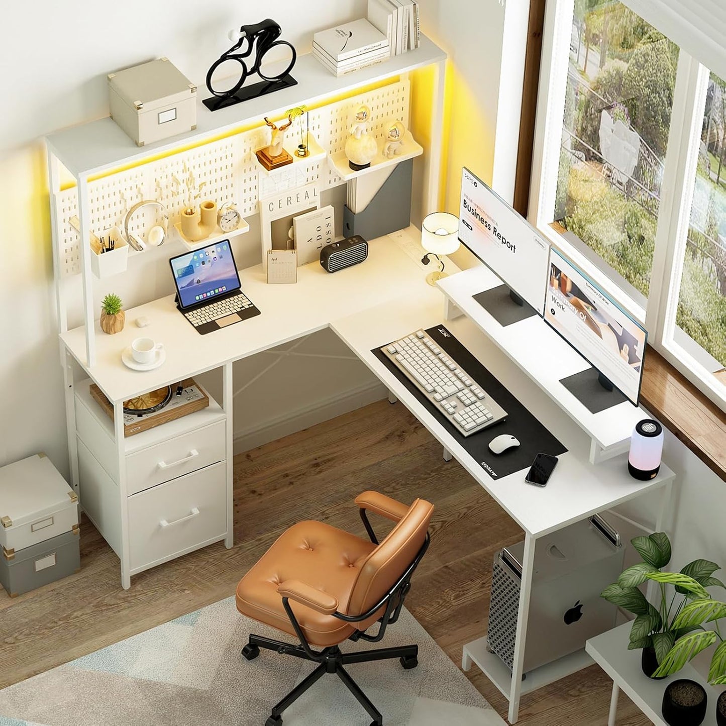Yoobure L Desk: Reversible, Storage, LED, Power Outlets