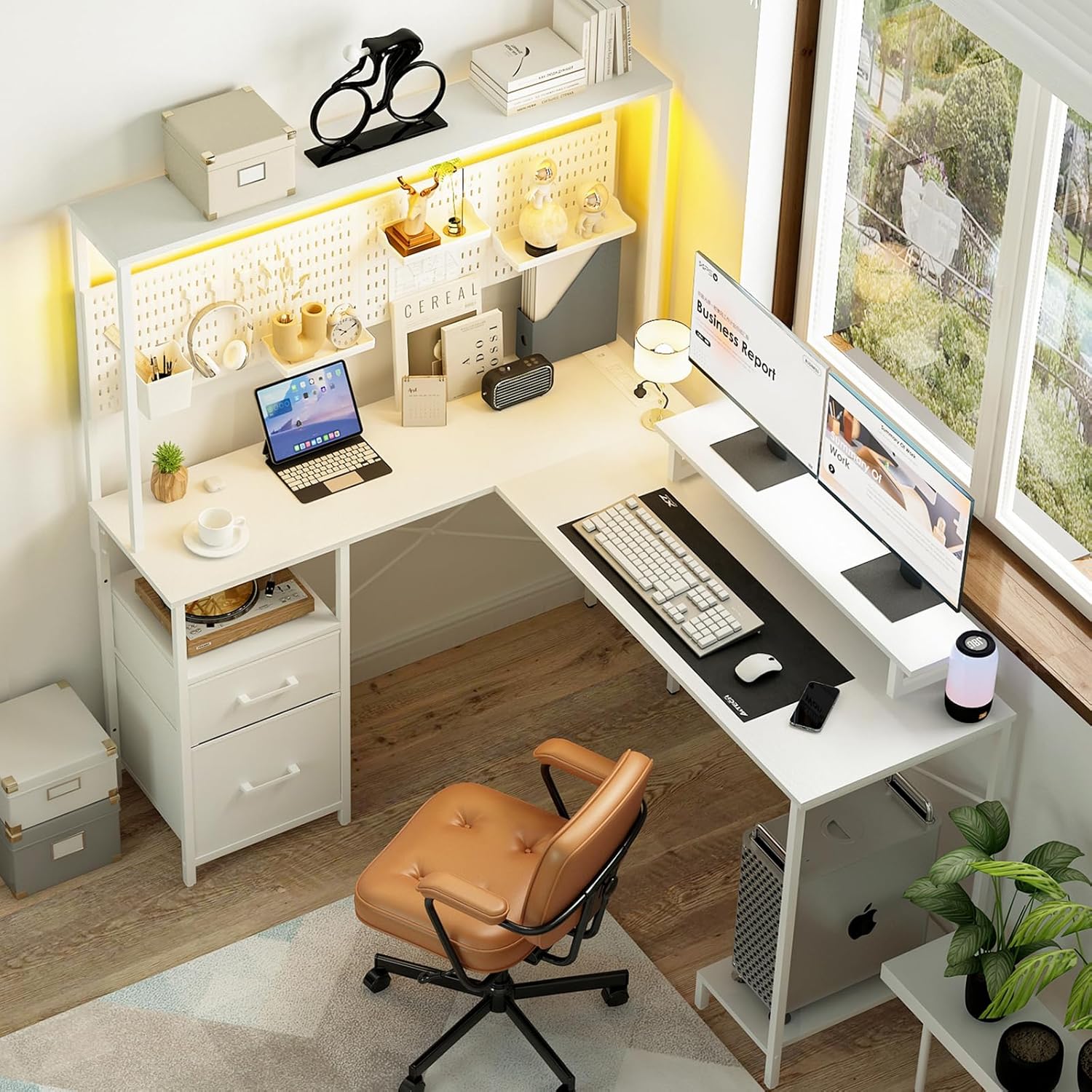 Yoobure L Desk: Reversible, Storage, LED, Power Outlets