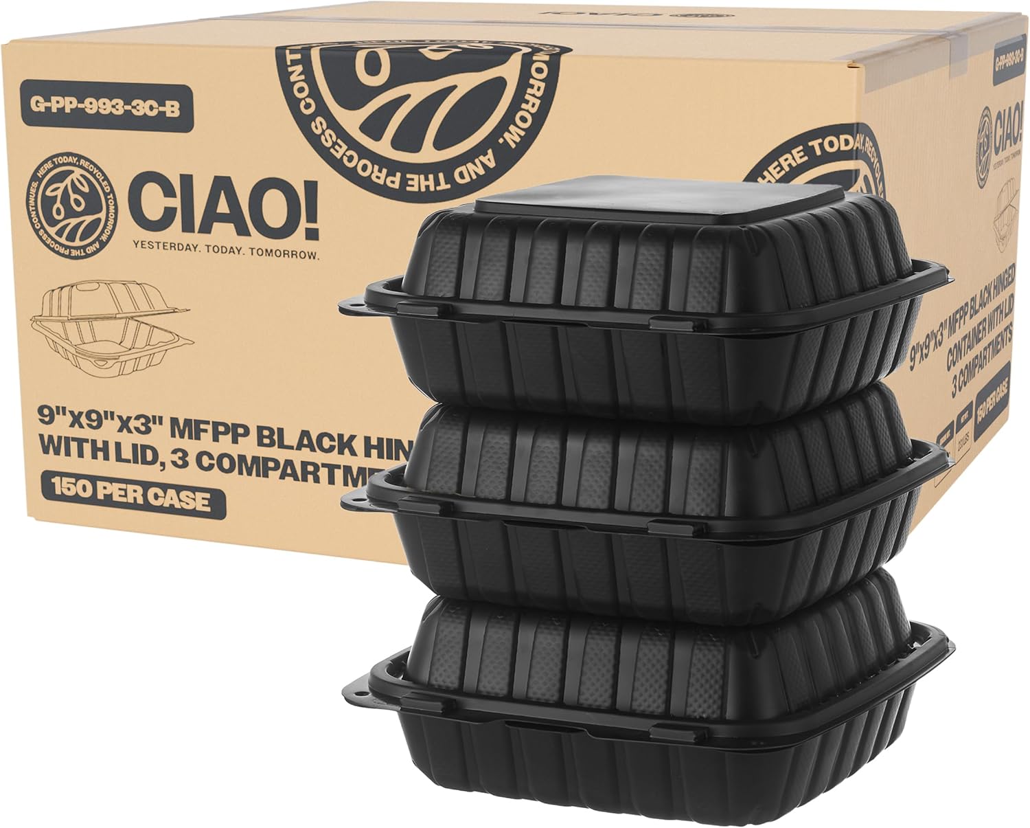 CIAO! 9x9x3 MFPP Black Hinged Container for Takeout Meals
