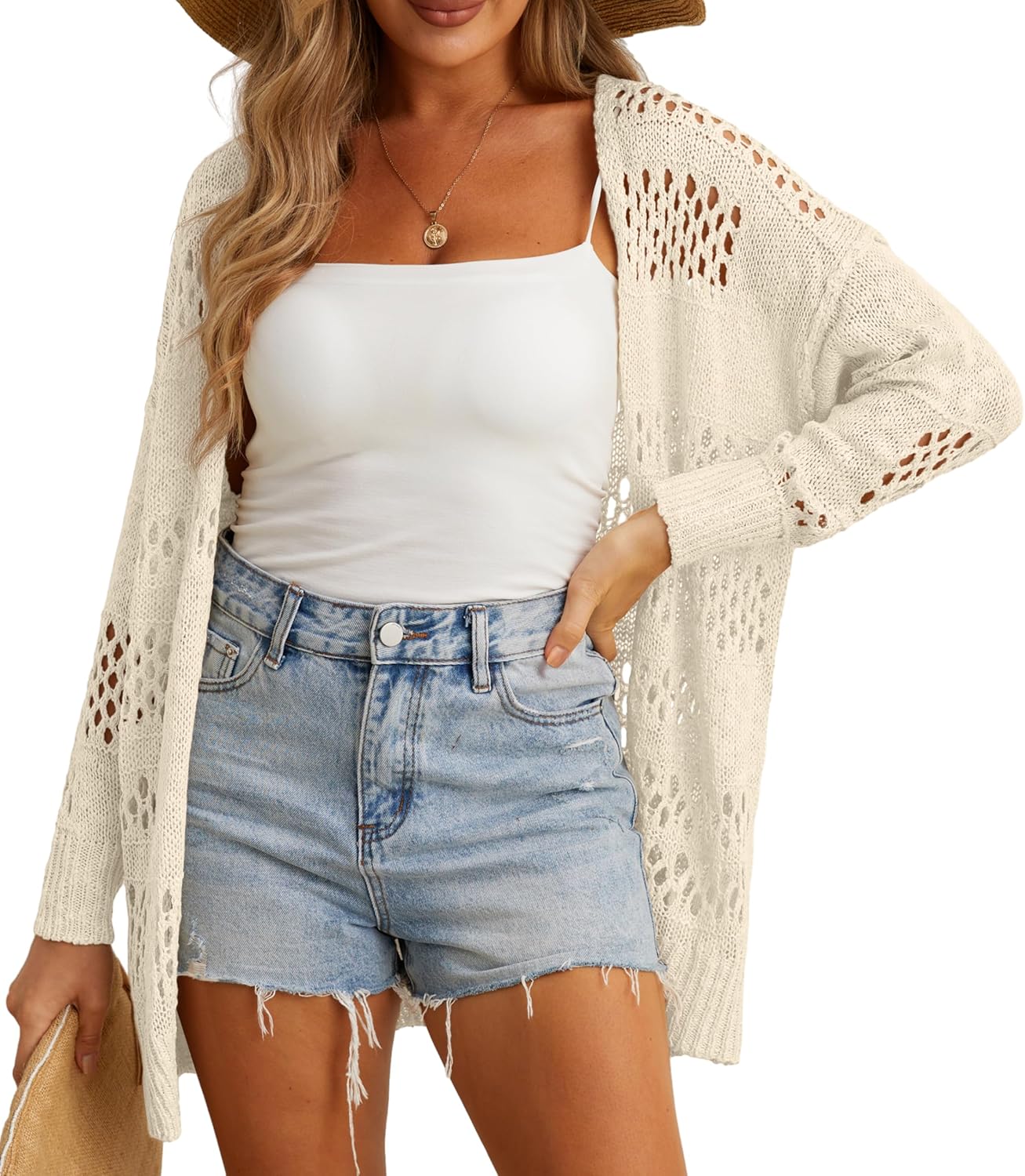 GRECERELLE Women Summer Crochet Lightweight Oversized Cardigan