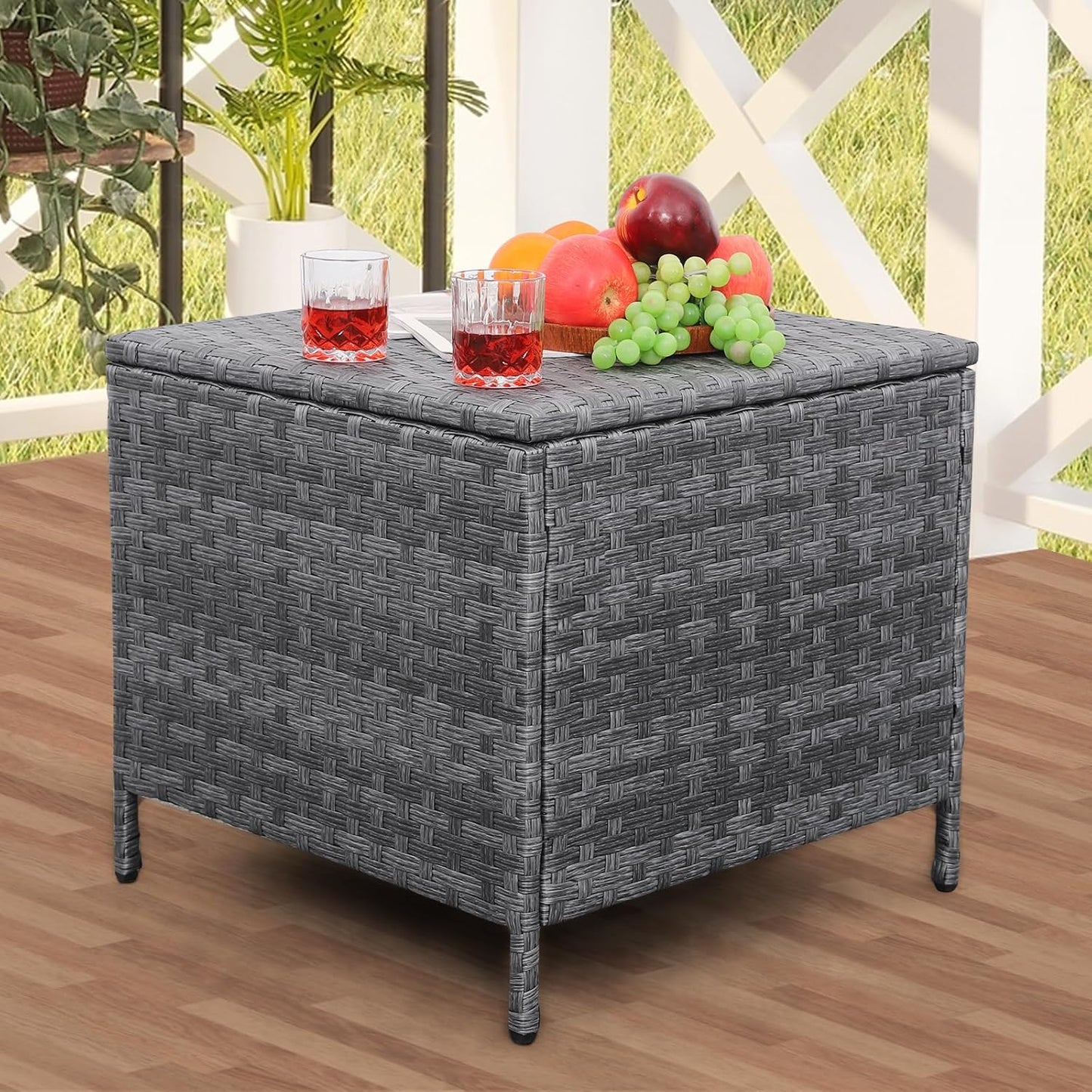 Outdoor Wicker Storage Side Table for Patio and Garden Use