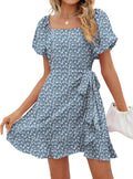 SAMPEEL Womens Summer Dresses Square Neck Puff Sleeve Tie Waist Short