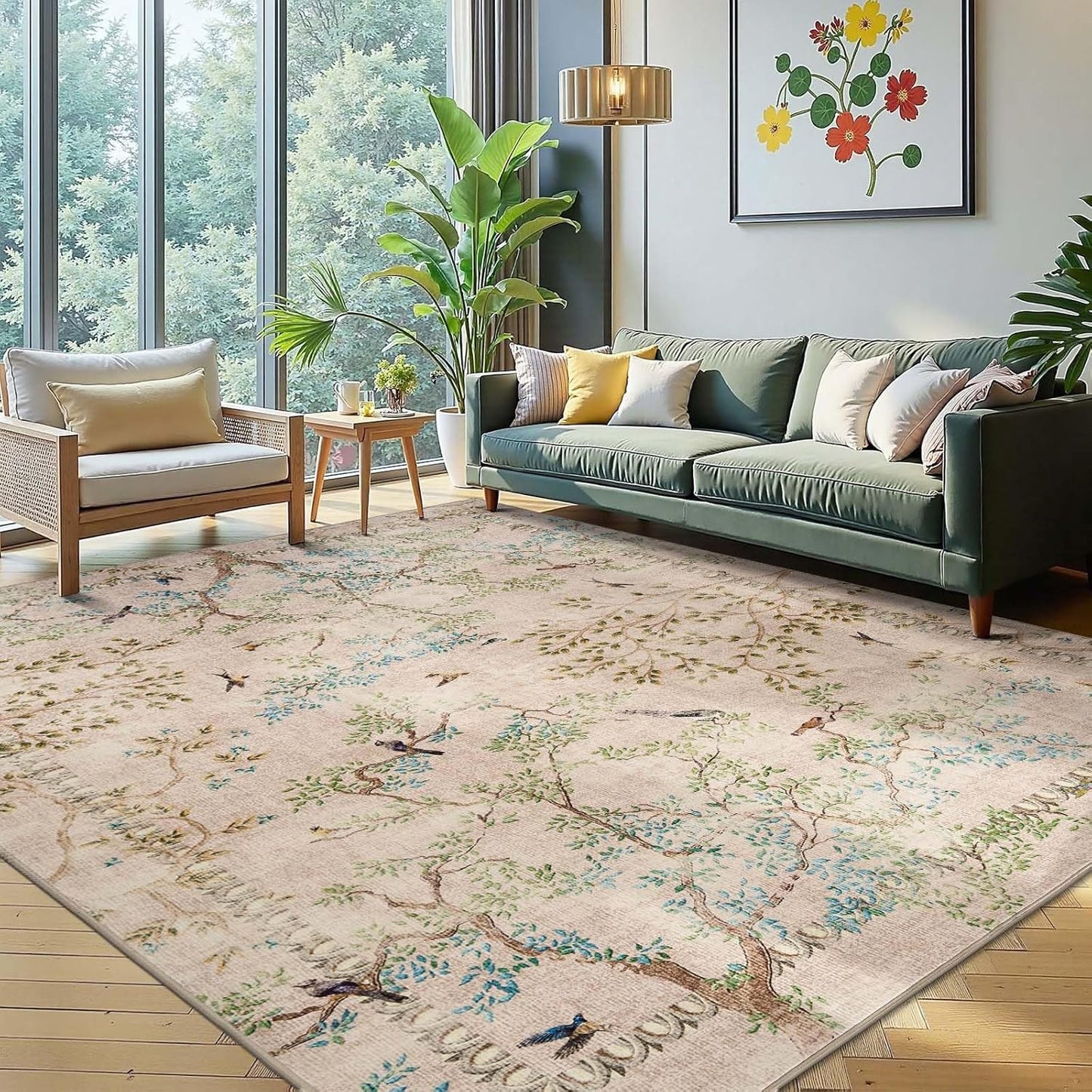 Botanical Birds 8x10 Beige Area Rugs for Living Room Soft Nature