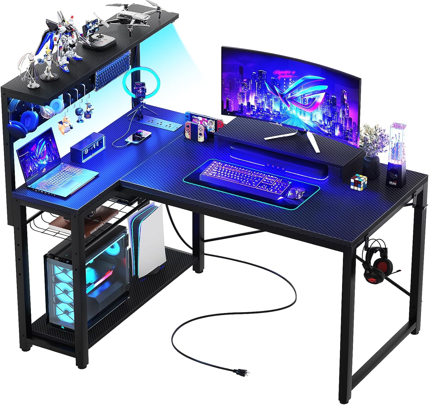 43 L-Shaped Gaming Desk w/ Power Outlets & LED, Carbon Black