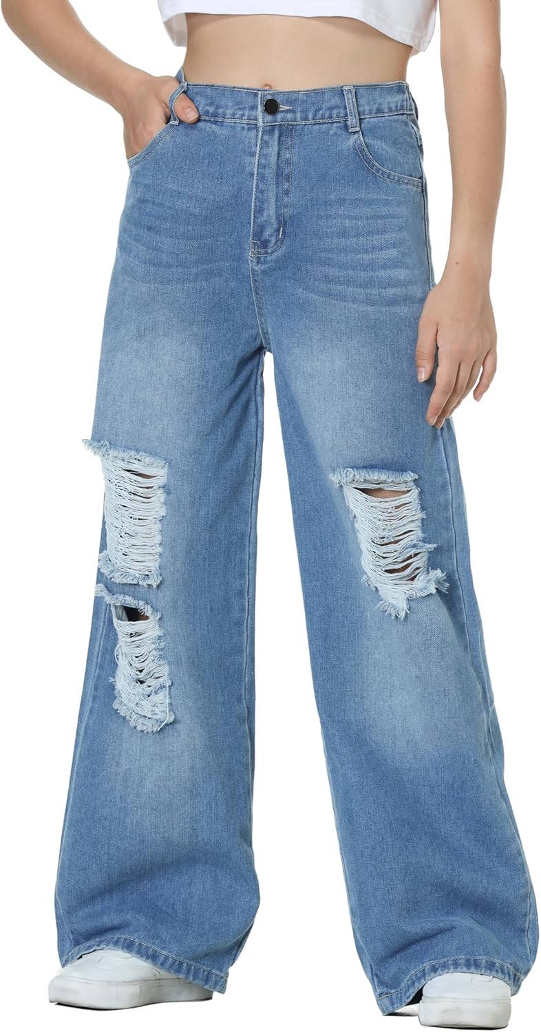 EXARUS Girls Baggy Jeans Ripped Wide Leg Casual Tween Outfits