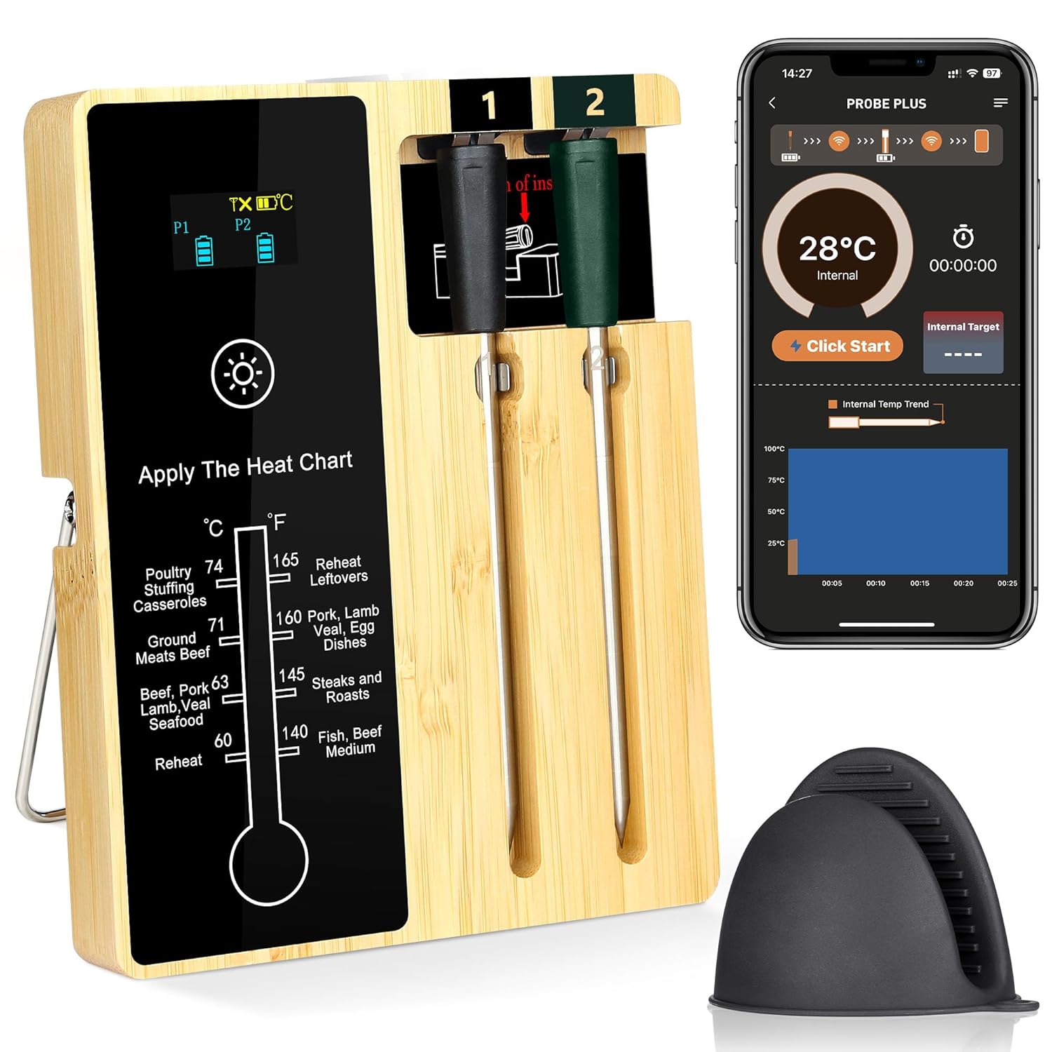 Wireless BBQ Thermometer 572F Heat Resistance 