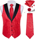 Mens Paisley Suit Vest and Necktie Set - Red Jacquard Waistcoat Men's
