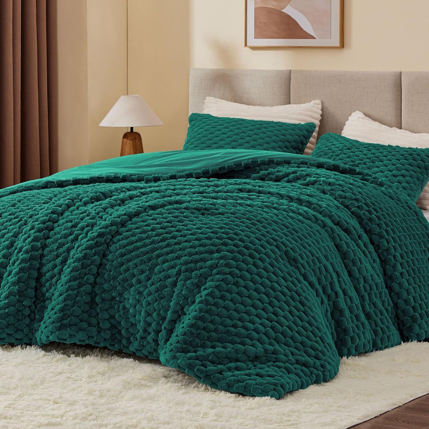 Fluffy Queen Comforter Set - Dark Green Fleece Bedding Luxury