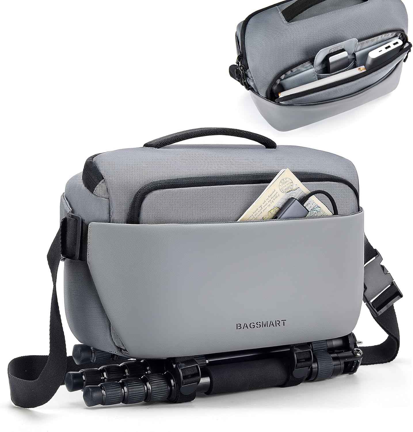 Compact Camera Sling Bag, Waterproof, Tripod Holder, Gray