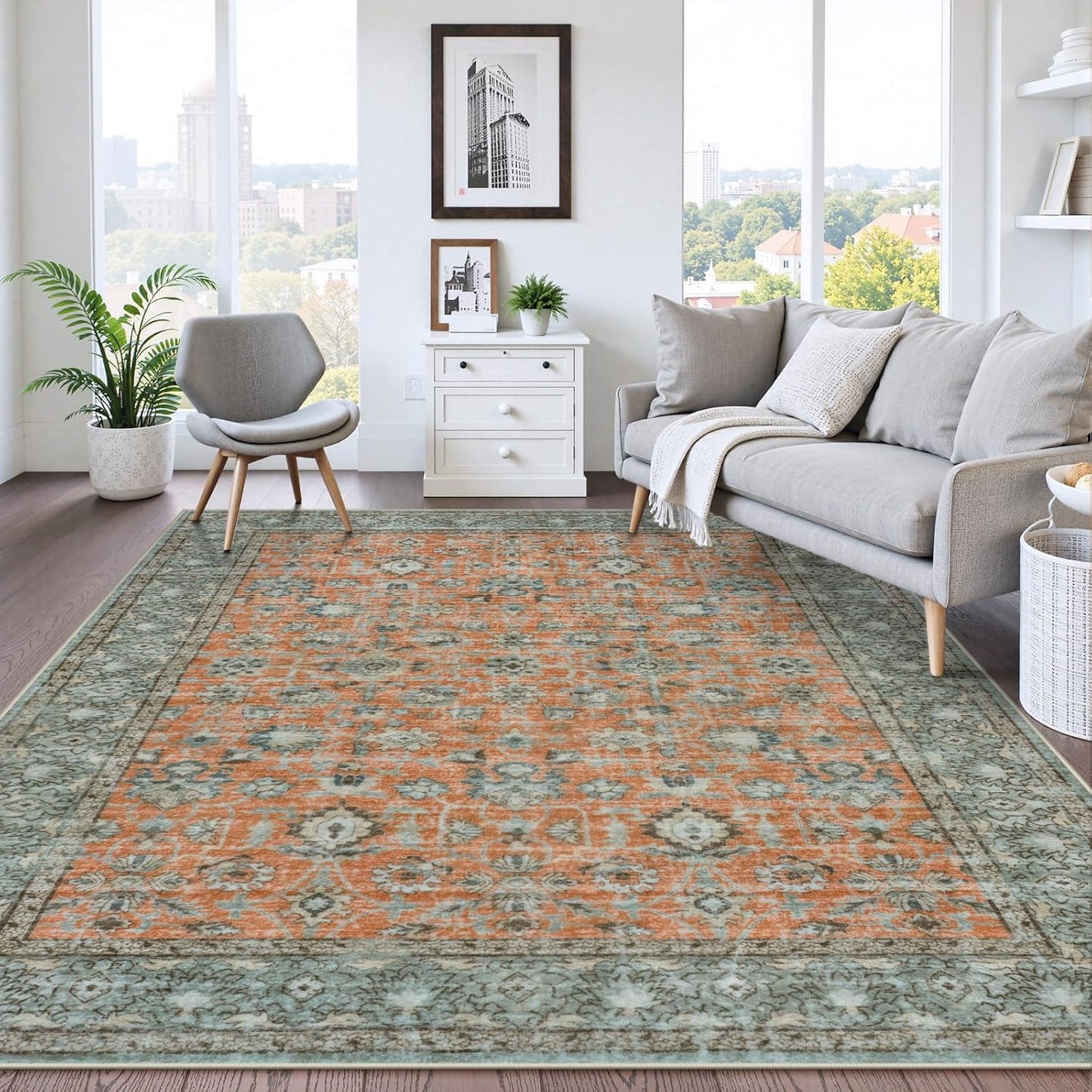 LIVEBOX Washable Area Rug 8x10 - Vintage Terracotta Boho Design