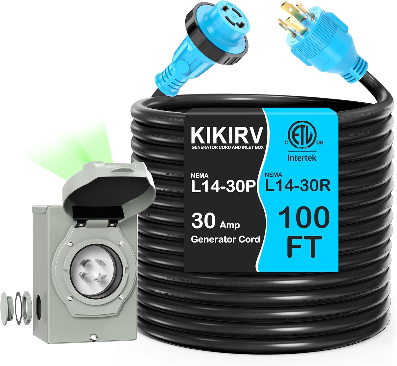 100 Feet 30 Amp Generator Cord with Waterproof Inlet Box Kit