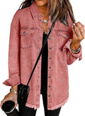 Women Oversized Denim Shacket with Frayed Hem - Casual Long Sleeve